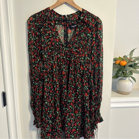 The Kooples Black Red Floral Silk Long Sleeve Mini Dress Small - Picture 6 of 10